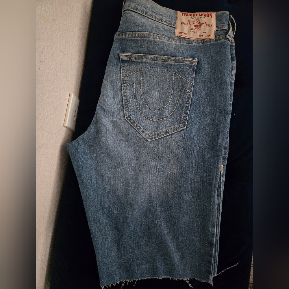 True Religion Blue Jean Shorts for Men. Features Signature Stiching.Comfortable